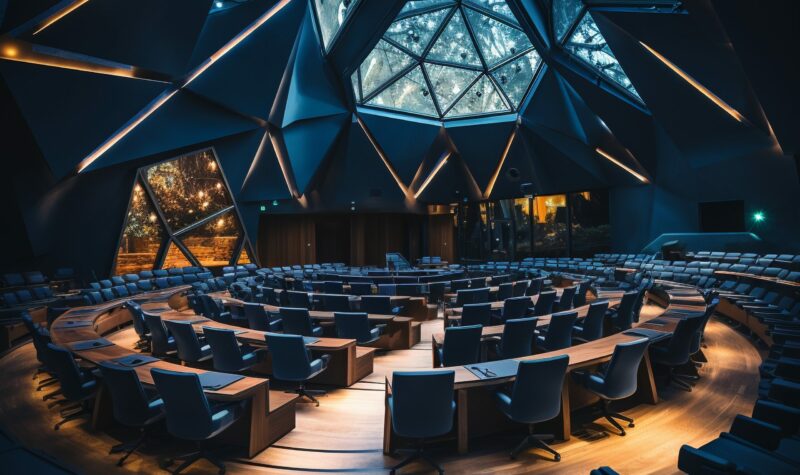 Une salle type amphiteatre sous une verrière pour un événement d'entreprise