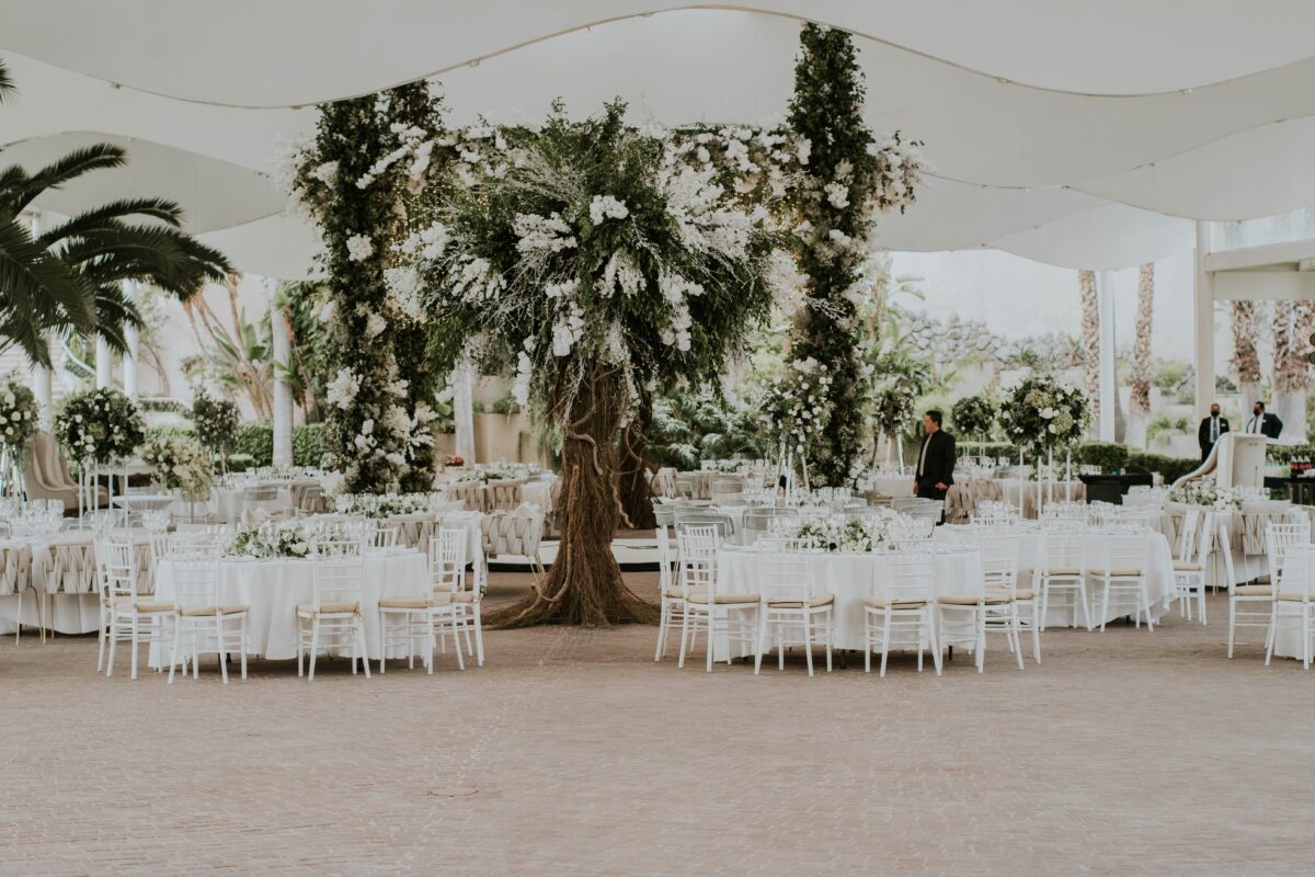 Salle de mariage avec de stables dressées dans le ton blanc et de la verdure.