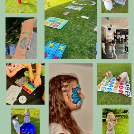 Affiche montrant plusieurs activités et animations pour enfa,ts réalisées par Môm'ents dont maquillage , tatouage, jeux extérieurs