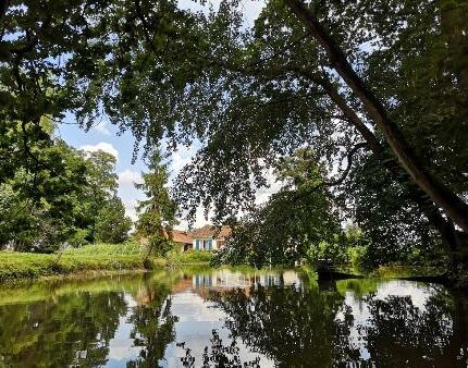 Un étang, des arbres et une maison au loin